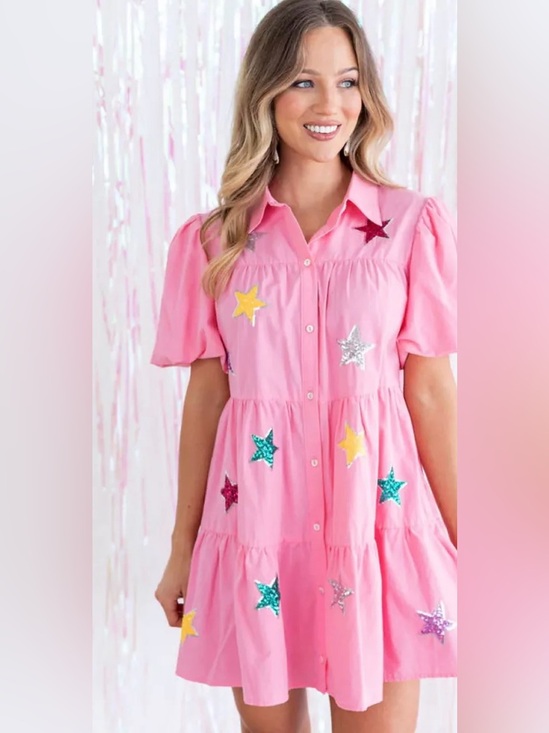 Peach Love California Dresses & Skirts - Peach Love California Pink Tiered Star Sequin Dress Sz S